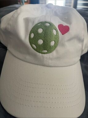 Pickleball love  White Cap with Green Polka Emblem and Pink Heart